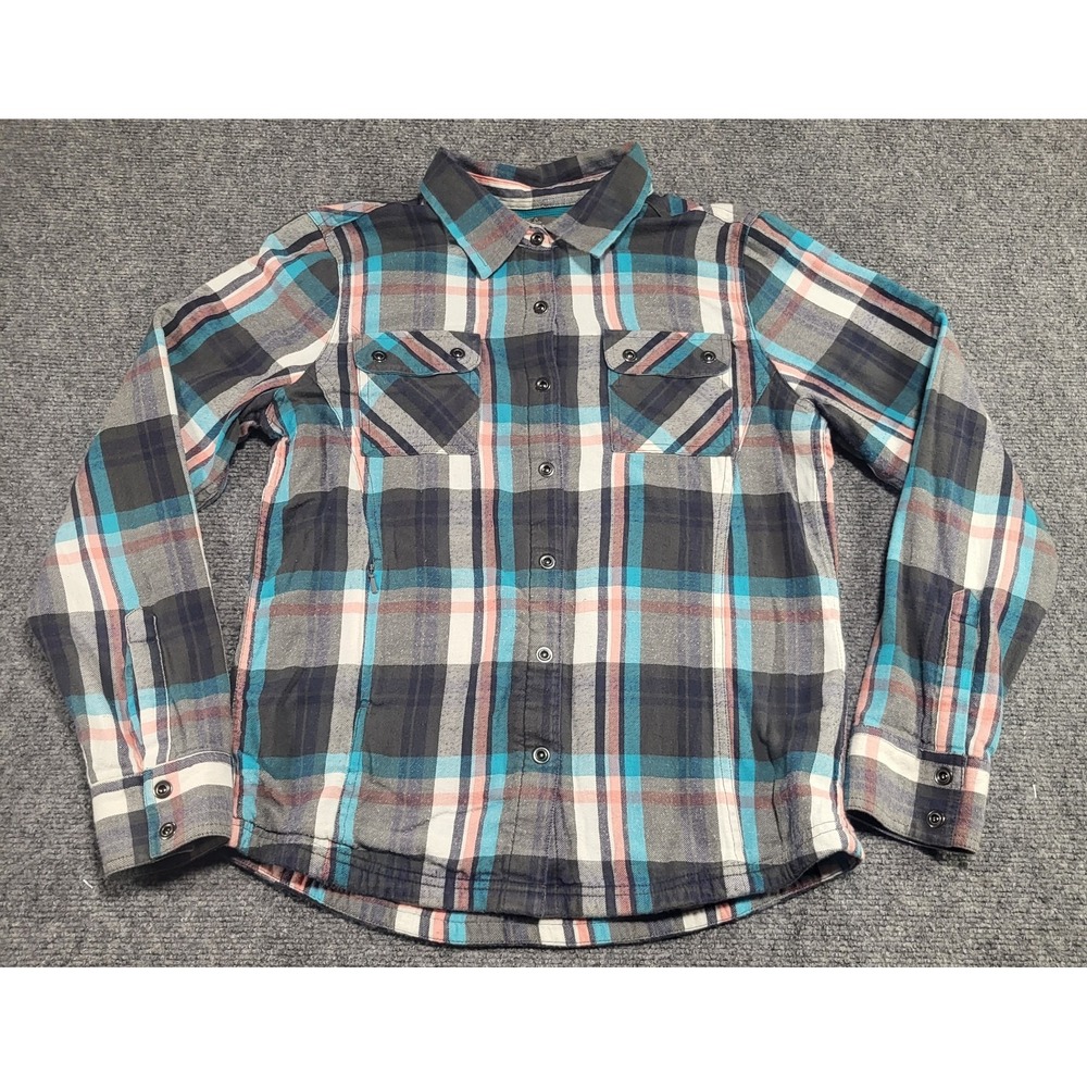 PrAna Woman's Bridget Lined Blue Plaid Organic Cotton Thermal Flannel Size Small